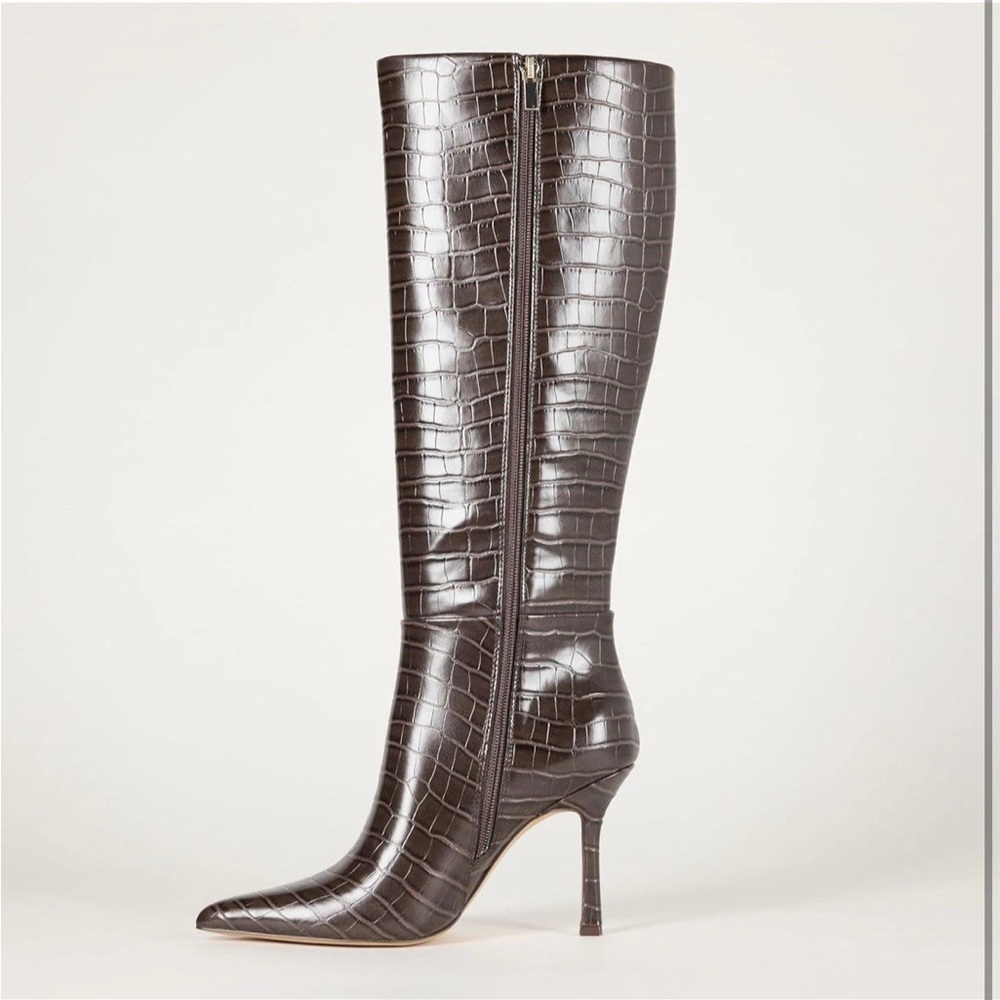 The Drop Gemini Tall Heeled Boot High - Chocolate Crocodile print - Size 10